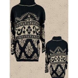 Rose XL Black Metallic Gold Vintage Holiday Print Turtleneck Long Sleeve Sweater